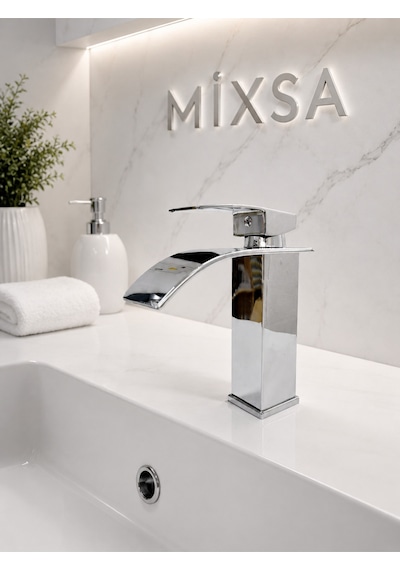 Lüx Krom Robot Duş Seti Kare Banyo Bataryası Premium Şelale Akışlı Lavabo Bataryası 3'lü Set