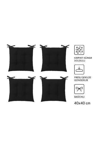 Rual 4 Lü Sandalye Minderi Bağcıklı, Çökme Yapmaz Sünger Dolgulu, Yıkanabilir 40x40 Cm Siyah
