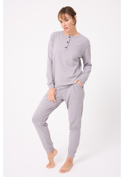 Lespadon Ocean Rıpple Premium Örme Pamuk Uzun Kollu Henley & Uzun Pantolonlu Kadın Pijama Takımı-3232 Gri