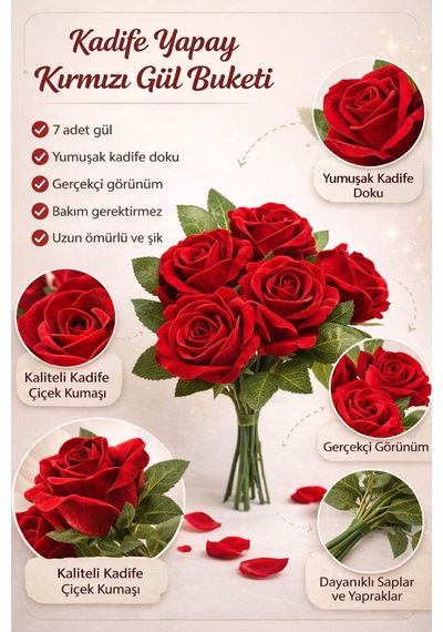 7li Kadife Kırmızı Gül Kırmızı - 825731680 Kırmızı