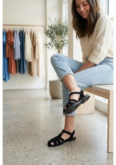 Shoetek Owsa Kadın Sandalet Bilekten Bağlı Çapraz Bantlı Siyah Süet
