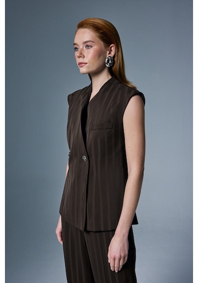 Sateen Anna Çizgili Yelek - Kahve-137068 Kahve
