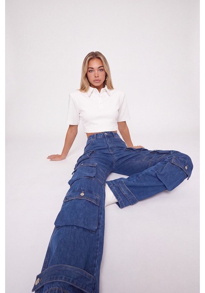 Holly Lolly Yüksek Bel Wide Leg Cargo Jean Pantolon Mavi