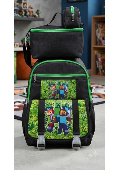 İlkokul 3 Lü Set Karekter Desenli Laptop Bölmeli Kalemlik,beslenme Çantalı Erkek Çocuk Okul Sırt Çantası 40 27 17 Cm Ebat siyah
