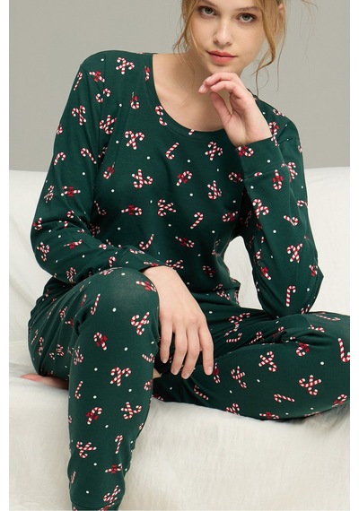 Siyah İnci Şeker Desenli Örme Pamuklu Pijama Takım25240277 Yeşil