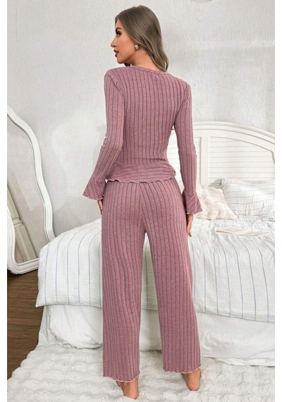 Bella Notte V Yaka Gül Kurusu İspanyol Kol Pamuklu Pijama Takımı Pembe