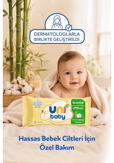 Uni Baby Sensitive Bambu & Pamuk Özlü Islak Bebek Mendil 12x50 600 Yaprak 12'li Set