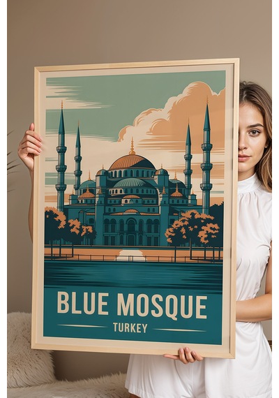 İstanbul Blue Mosque Tablo - Sultanahmet Camii Retro Poster - Şehir Serisi - Çerçeveli Duvar Dekoru Kayın