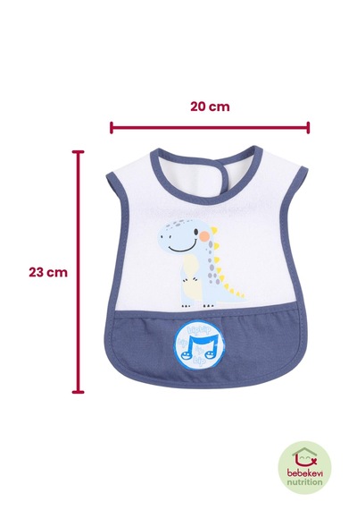 Düdüklü Cepli Sıvama Mama Önlüğü - Smiling Dino Mavi Bebek Önlüğü Koyu Mavi