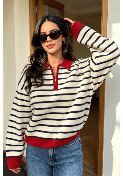 Genius Store Kadın Çizgili Yarım Fermuarlı Polo Yaka Oversize Triko Kazak Yarımfer-triko Ekru