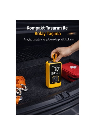Taşınabilir Hava Pompası Dijital Ekranlı Led Işıklı Type-c Şarjlı Araç Bisiklet Top Lastik Şişirme Kompresörü Sarı
