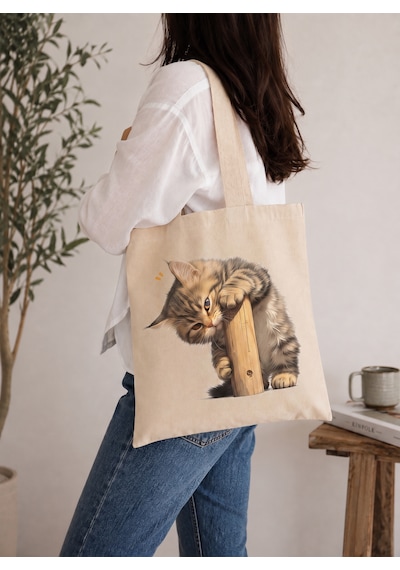 Lunora Collectıon Sevimli Kedi Baskılı Ham Bez Çanta Ham Renk