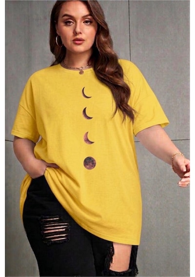 Moon Kadın Büyük Beden Battal Baskılı Bisiklet Yaka Pamuklu T-shirt Rahat Kesim Unisex Sevgili Kombini Sari