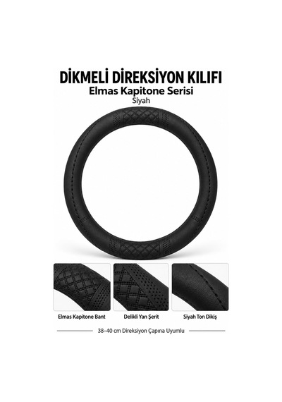 Trobus Peugeot 206 1998-2010 Uyumlu Dikmeli Direksiyon Kılıfı Elmas Kapitone Siyah