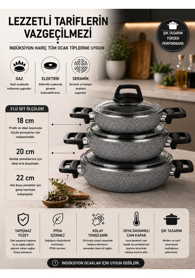 Stone 6 Parça Granit Ezme Cam Kapaklı Sahan Omlet  Seti Gri 18/20/22 Cm Yapışmaz