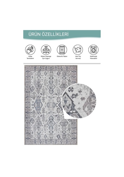Artloop Stonart Eskitme Vintage Desenli Gri Otantik Yıkanabilir Şönil Halı Al 452 Gri 6