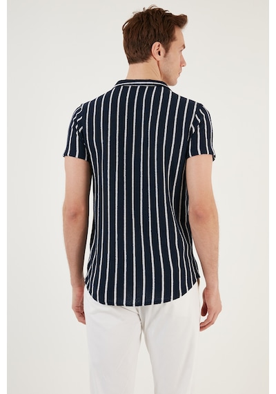 Buratti Çizgili Pamuk Karışımlı Kısa Kollu Apaş Yaka Regular Fit Erkek Gömlek Cf24S117664 Lacivert