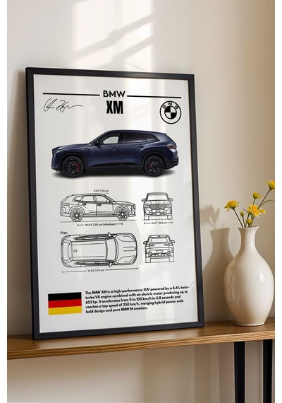 Bmw Xm Tablo - Teknik Özellikli Hibrit Süper Suv Poster - Çerçeveli Duvar Dekoru - Araba Blueprint Siyah