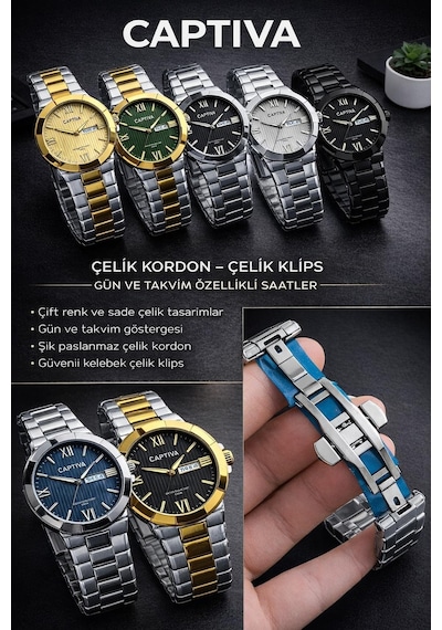 Captiva Bileklik Hediyeli Çelik Kordon Haftanın Günü Ve Takvimli Kadran Erkek Kol Saati Ct.m.001.m7 Gümüş