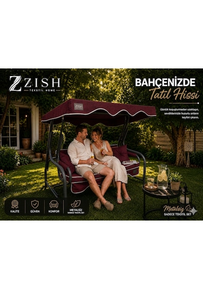 Altaleno 2 Kişilik 130 45 Cm Süngerli Bahçe Balkon Salıncak Minderi Yıkanabilir Kılıflı, Tenteli Keten Kumaş Tekstil Seti 24 Dns 8 Cm Orta Sert Sünger Bordo