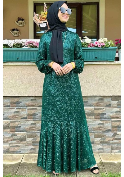 Rabia Şamlı Pırıl Zümrüt Yeşili Elbise Normal