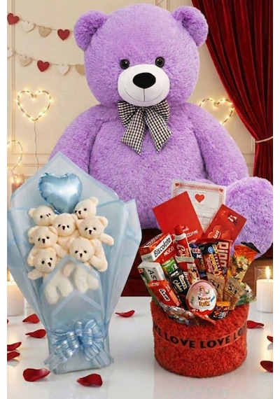 3 Lü Kadınlar Günü Hediye Seti 90 Cm Peluş Ayı, Love Çikolata Sepeti & Mavi Peluş Ayıcık Buketi 75765846