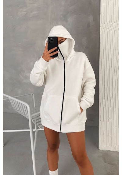 Kadın Samuray Ninja Çift Kapüşonlu Maske Detaylı 3 İplik Hoodie - Beyaz