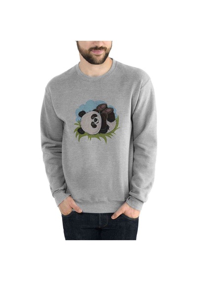Panda Baskılı Gri Erkek Örme Sweatshirt (530943796)