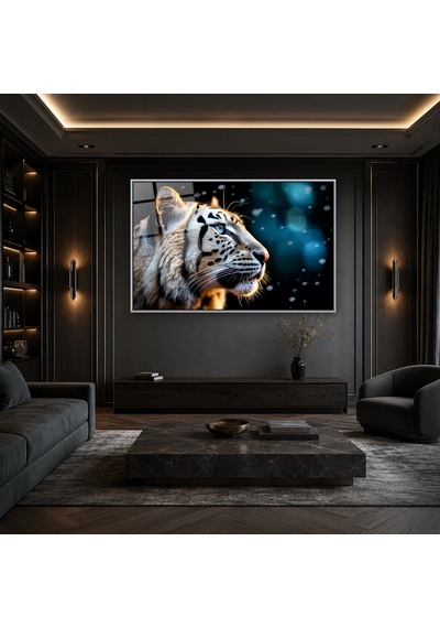 Bokeh Işıklı Beyaz Kaplan Profili Gümüş Çerçeveli Cam Tablo