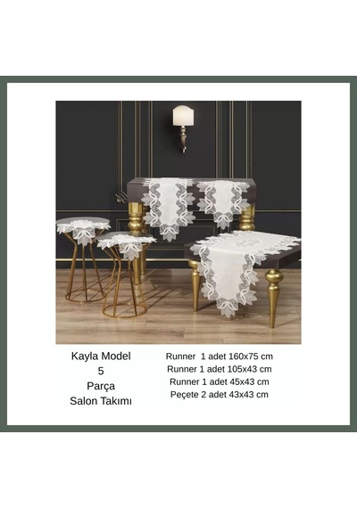 Bezos Salon Takımı 5 Parça Keten Masa Örtüsü Runner Seti Çeyizlik Kayla Model No 22252 Krem-gold Bzstk Krem - Gold