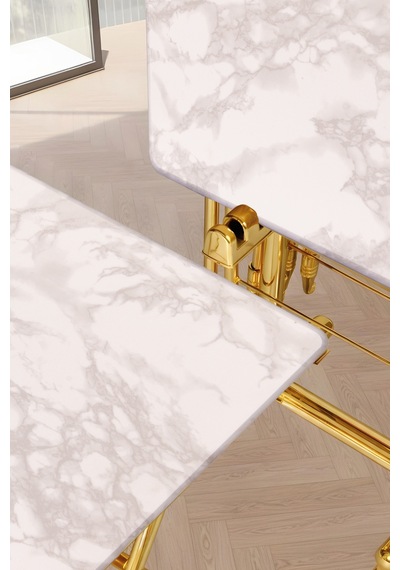 Eranş Serisi 4'lü Katlanır Mdf Mebran Ahşap Çanta Zigon Sehpa Gold Ayak Beyaz Mermer Desen Gold Ayak