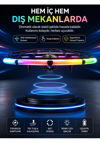 M18 Ufo Dron 4 Eksenli Uçan Araç Daire Renkli Işıklı 2.4 Ghz Uzaktan Kumanda Uygulama İle Kontrol Kameralı Engel Algılama Çarpmaya Dayanıklı 460 Derece Dönüş Tek Tuş İniş Kalkış Başsız Mod Fpv Görüntü