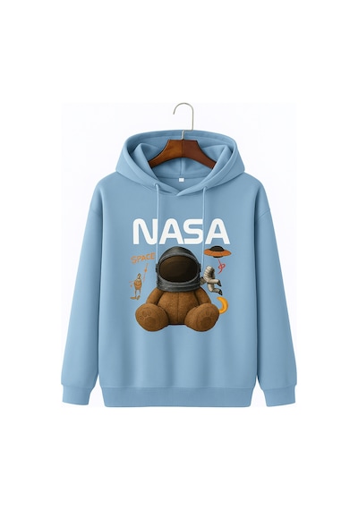 Kokina 3 İplik Penye Unisex Nasa Ayıcık Baskılı Kapüşonlu Sweatshirt Bebe Mavisi