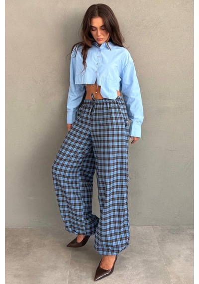 Madmext Mavi Ekose Desenli Beli Lastikli Balon Pantolon Mg2905