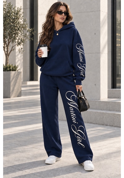 Macklin Unisex Kadın Erkek Martini Girl Kol Paça Baskılı Oversize 3 İplik Kapüşonlu Sweatshirt Ve Baggy Eşofman Altı Lacivert