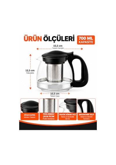 700 Ml Filtreli Cam Çaydanlık Paslanmaz Çelik Süzgeçli, Siyah Kapaklı Ve Kulplu, Isıya Dayanıklı Cam Demlik, Bitki Çayı Demliği