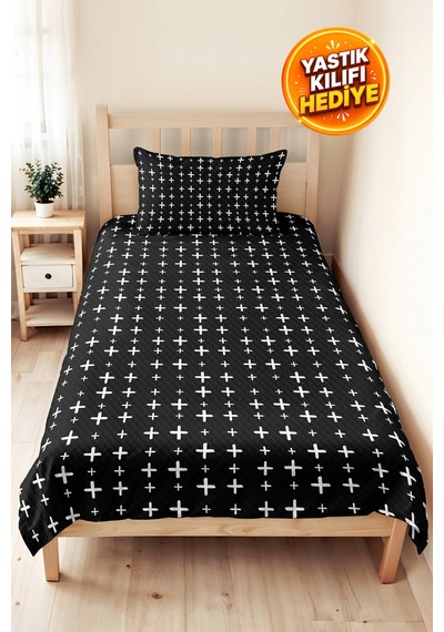 Siyah Geometrik Modern Genç Odası Tek Kişilik Pike Takımı - Minimal 160x220 Cm Kapitone Yatak Örtüsü Mistik Ot Dokusu