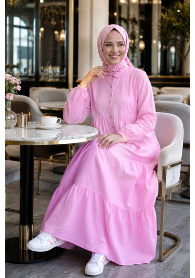 Hb Harma Time Butik Kadın Düğmeli Kat Detaylı Keten Pembe Elbise