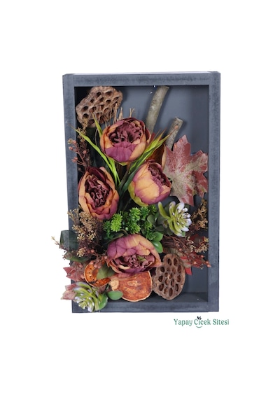 Yapay Çiçek Sitesi Ahşap Çerçeveli Yapay Çiçek Duvar Tablo 25x40 Cm Model 1 Mor