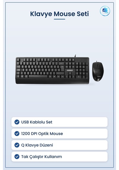 Klavye Mouse Set Usb Kablolu Q Düzen Dpı Optik Sensörlü Ev Ofis T