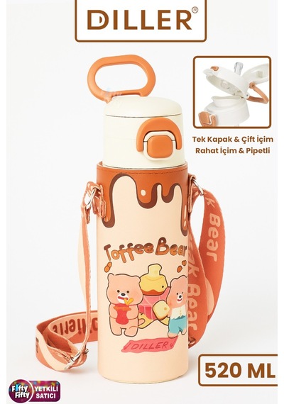 Dıller Toffee Bear Figürlü 520 Ml Paslanmaz Çelik Termos Kahve Rengi