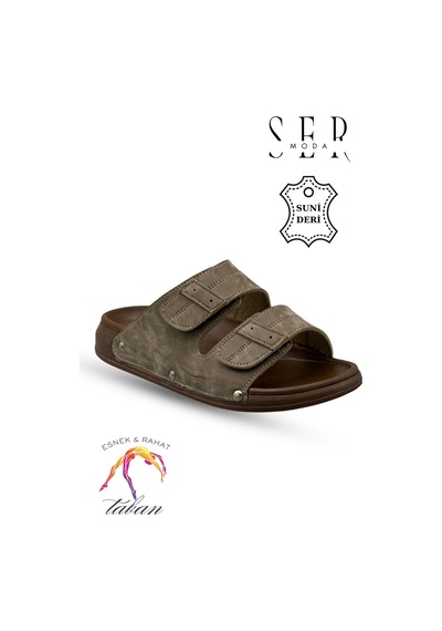 Sermoda Erkek Terlik - Çift Toka Ayarlanabilir Esnek Taban Deri Erkek Terlik C Haki