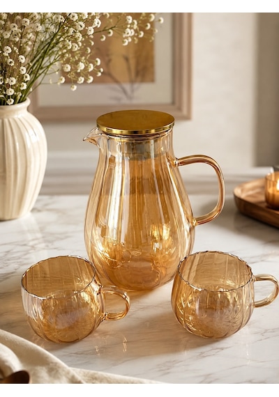 Qerhome Isıya Dayanıklı Amber Borosilikat Cam Sürahi Seti-1800 Ml Sürahi 2 Adet Kulplu Bardak Takımı Dr