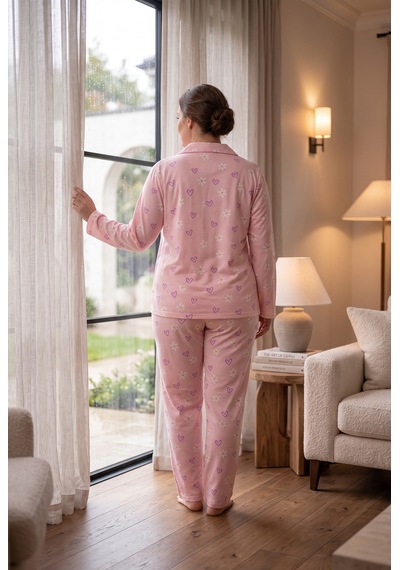 Seboteks Süet Kumaş Önden Düğmeli Büyük Beden Kadın Pijama Takımı 2800 Pembe