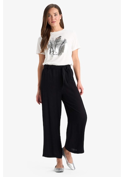 Defacto Culotte Beli Lastikli Geniş Paça Kuşaklı Krinkıl Viskon Kapri Pantolon C9565AX24SM Siyah