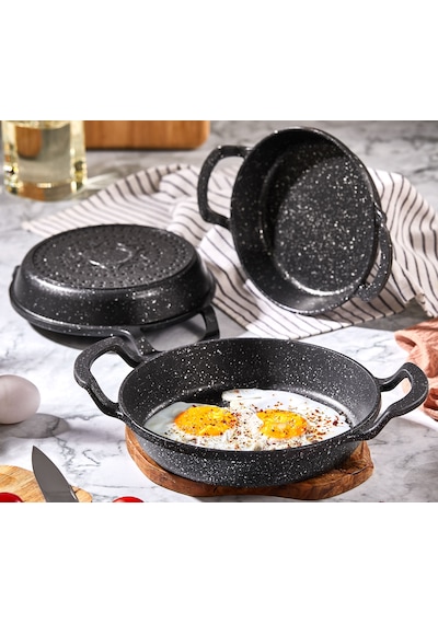 3'lü Döküm Granit Sahan Seti, Tava Seti-18cm-20cm-22 Cm İç Caplar Siyah