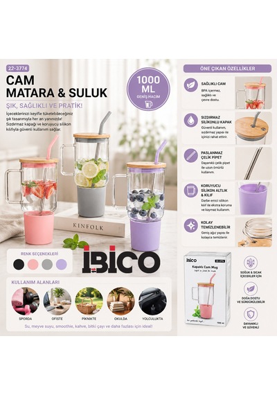 Cam 1000ml Matara - Suluk Bambu Kapak - Sızdırmaz Silikonlu Çelik Pipet Koruyucu Silikon Altlık - Kılıf Renkli