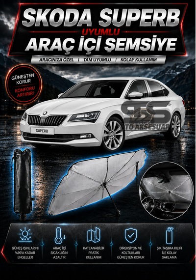 Skoda Superb Araç Ön Cam Güneşliği Katlanabilir Şemsiye Oto Güneşlik Uv Korumalı Gölgelik Araba Oto Şemsiyesi