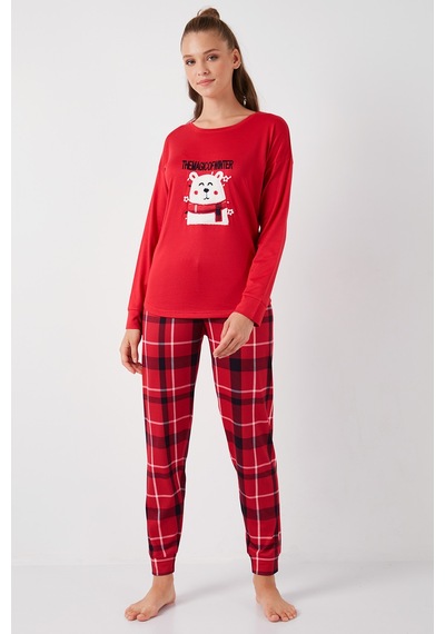 Lela Streç Standart Fit Bisiklet Yaka Desenli Bayan Pijama Takımı 6095700 Kırmızı