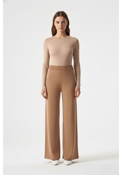 Mizalle Geniş Paça Lastikli Camel Triko Pantolon Camel